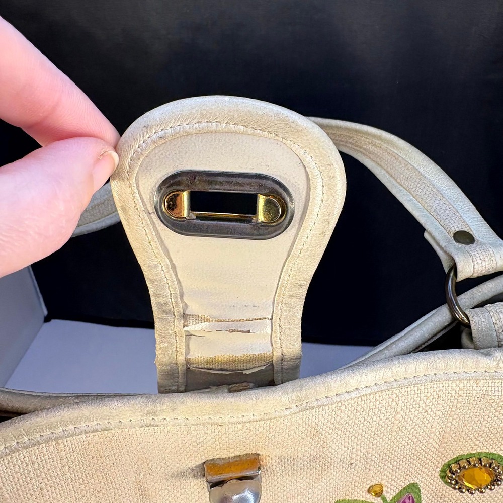 Vintage Enid Collins Flower Garden Jeweled Canvas Leather Handbag Horse Logo - Picture 7 of 15